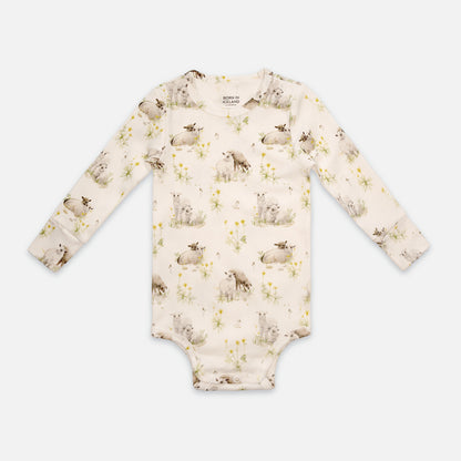 Patterned snap-button long-sleeved baby bodysuit