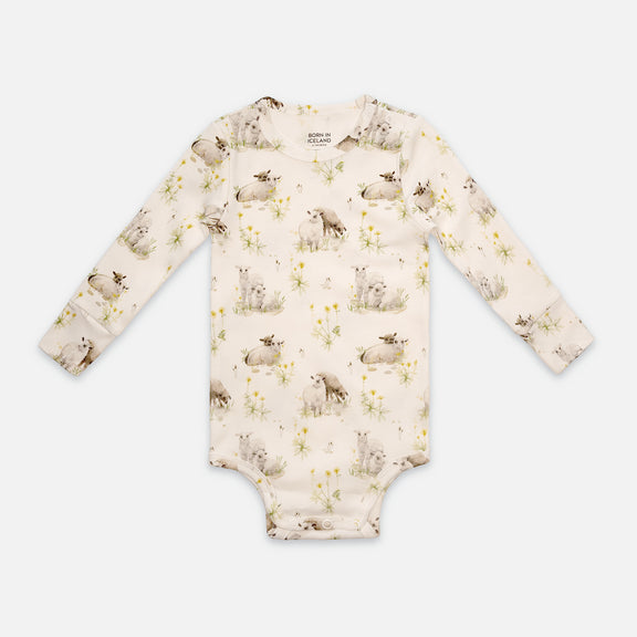 Patterned snap-button long-sleeved baby bodysuit