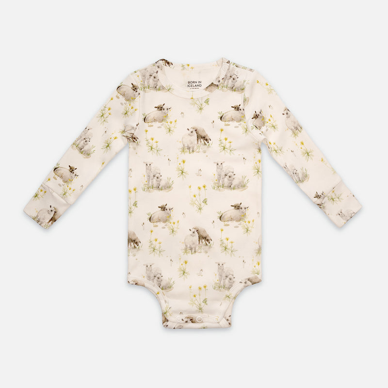 Patterned snap-button long-sleeved baby bodysuit