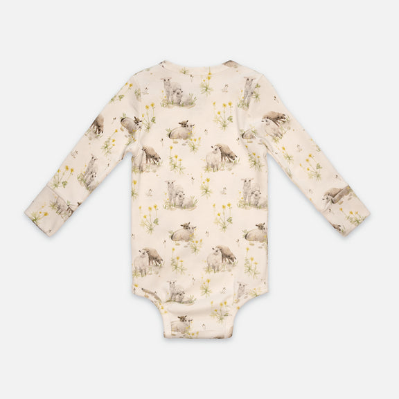 Patterned snap-button long-sleeved baby bodysuit