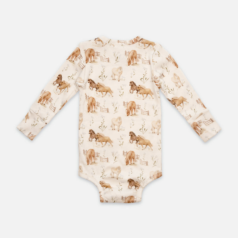 Patterned snap-button long-sleeved baby bodysuit