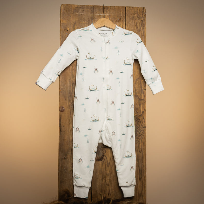 Patterned zip-up one-piece pajamas
